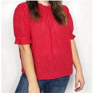 Madewell Red Cotton Eyelet Lace Ruffle Neck Tie Blouse